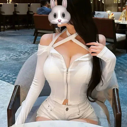 New Product from Dongdaemun, South Korea, Pure Korean Girl~Pure Desire Low-Cut Strappy Off-Shoulder Halterneck Cardigan