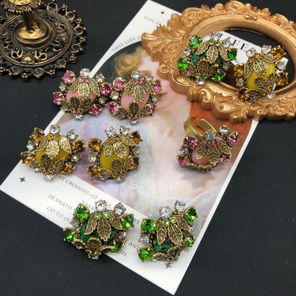 Retro Style Versatile Earrings Ring Leaf Design Copper Material Diamond Pink Crystal Topaz Old Gold Ring Set Jewelry