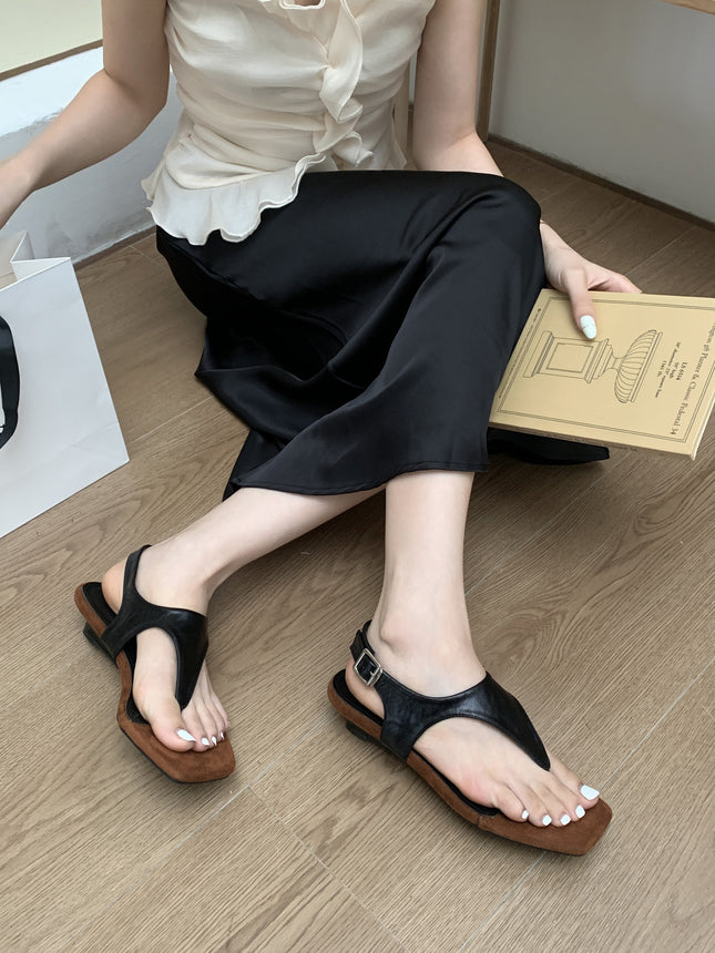 Retro Design Sandals 2025 Summer New Square Toe Thong Sandals Special-Shaped Heel Small Herringbone Women's Shoes