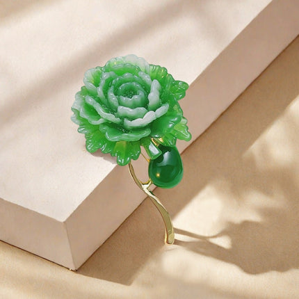 European and American Cross-Border Supply Green Peony Flower High-End Elegant Corsage New Chinese Style Anti-Exposure Clothing Fixing Pin for Women