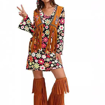 2026 Amazon Halloween Cross-Border Women's Clothing 1970S 1980S Hippie Clothing Printed Dress