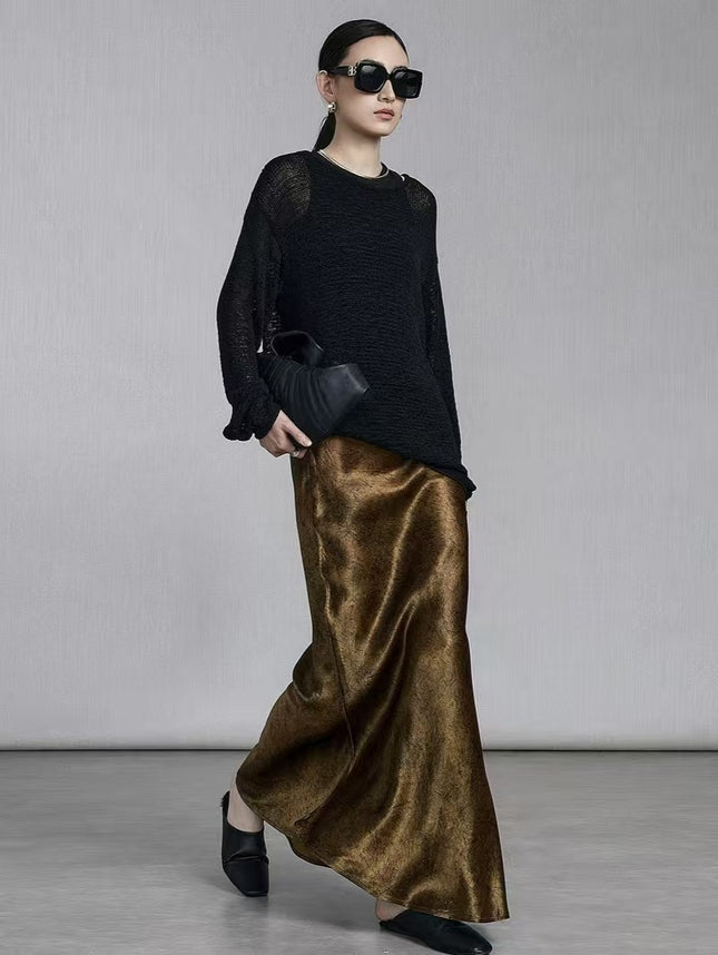 100% Gold-plated Satin Skirt Women's Tortoise Crack Rose Flower Dark Bottom Xiangyun Gauze Triacetate Hip Fishtail Skirt