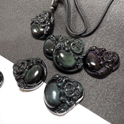 Crystal Obsidian Buddha Pendant for Men and Women, Maitreya Buddha Necklace, Laughing Buddha Pendant, Direct Supply Rainbow Eye