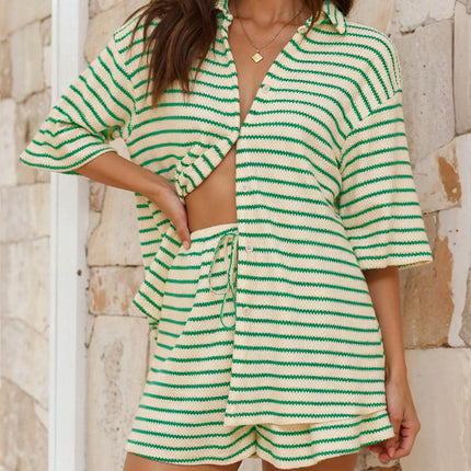 1293 Women's Spring and Summer Casual Comfortable Striped Short-Sleeve Regular Shirt and Decorative Tie Shorts for Women