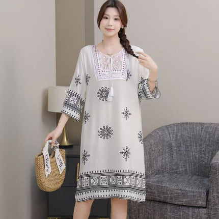 Extra Large Size Ethnic Style Round Neck Three-Quarter Sleeve Dress Loose Embroidered Flower Cotton Silk Travel Beach Skirt for Women