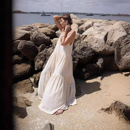 2024 Women's Loose Solid Color Pleated Irregular dress Beach Strap Long Dress