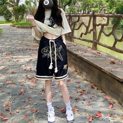 American Retro hiphop Letter Drawstring Pants Women's Summer New Loose High Waist Straight Wide Leg Shorts