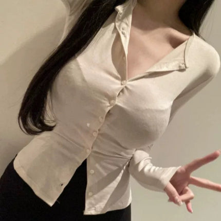 South Korea Dongdaemun New Product Beautifies Body ~ Gentle and Comfortable Swan Neck Shown Body Cardigan T-shirt