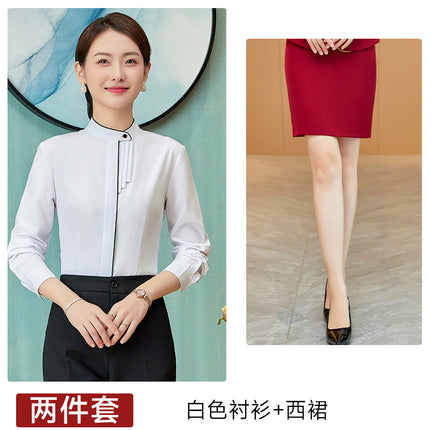 Elegant White Long-sleeved Shirt Spring and Autumn New Business Dress Dress Overalls Round Neck Buckle Women's Shirt