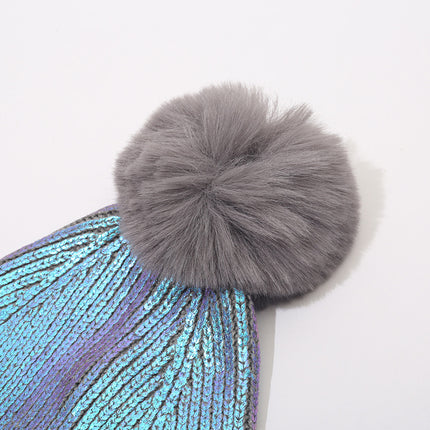 Cross-border laser hat metallic cold hat men and women couple knitted hat hip hop tide hat bronzing silver with fur ball hat