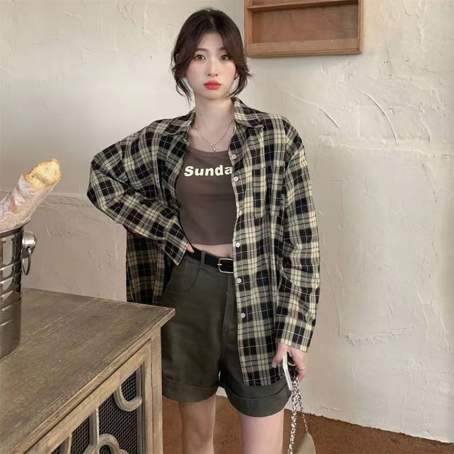 Vintage Plaid Shirt Coat Women's Spring and Summer Korean-style Niche Loose Bf Lazy Wind Sun-proof Outer Wear Small Top