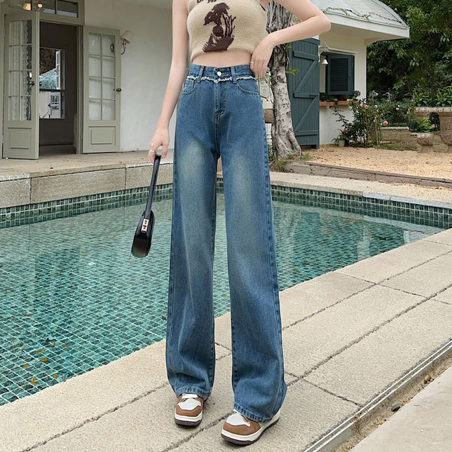 Fashion Rap Edge High Waist Small Straight Wide Leg Denim Trousers Women's Internet Celebrant Retro Rear Pocket Contrast Color Mop Pants