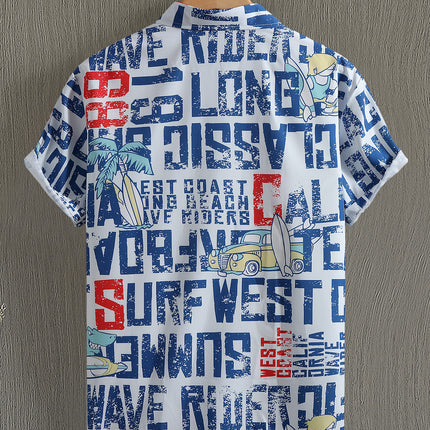 Men's Short-sleeved Shirt Letter Coconut Tree Print Foreign Trade Men's Casual Fashion Summer 2025 New Cross-border Beach Style