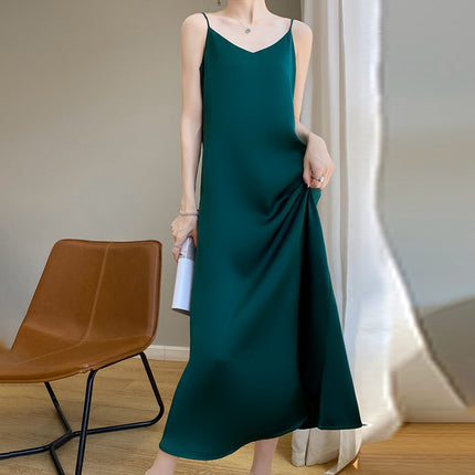 Simulated Silk Satin Suspender Dress for Women in Spring and Summer with Suit Acetate French Mid-length Design Niche Trend