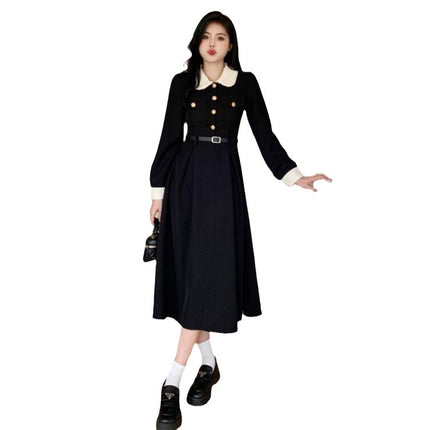 Plus size Hepburn holiday niche temperament slimming French lapel black dress tight waist color matching retro dress women