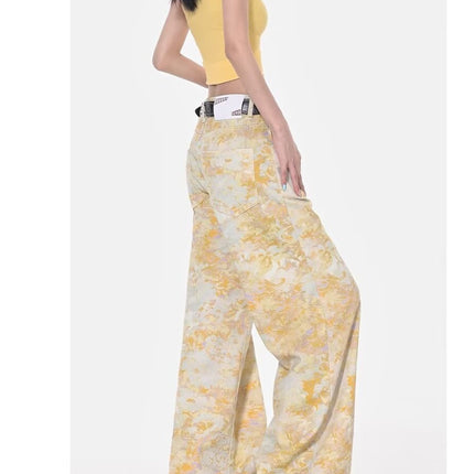Summer Tie-Dye Printed Light Blue Wide-Leg Jeans for Women 2025 New High-Waisted Drapey Straight-Leg Petite Floor-Length Pants