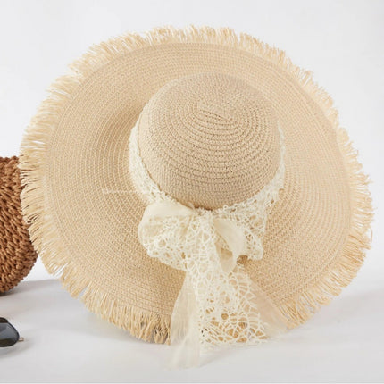 [Great Value] French Style Socialite Flat Top Hat 2025 New Summer Elegant Pearl String Sunshade Woven Straw Hat