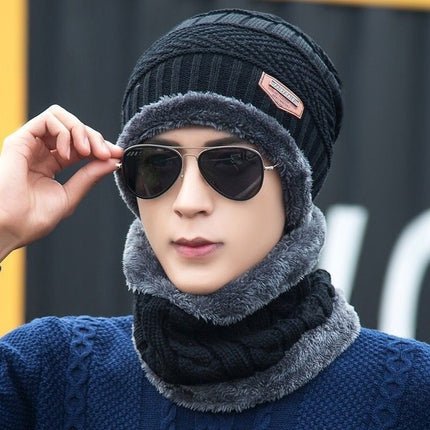 Winter Hat Two-Piece Set for Men and Women, Warm Knitted Woolen Hat with Fleece Lining, Cycling Cold-Proof Neck Warmer, Men's Cotton Hat Set
