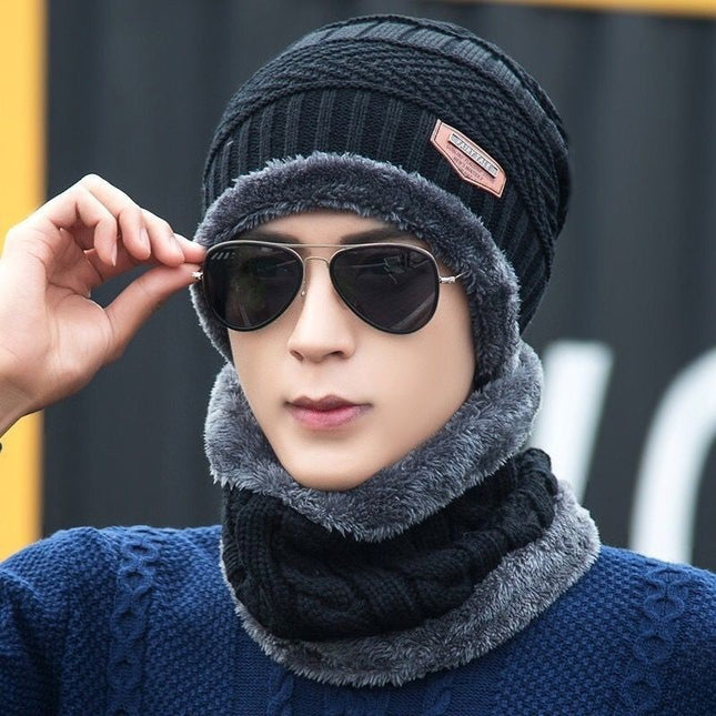Winter Hat Two-Piece Set for Men and Women, Warm Knitted Woolen Hat with Fleece Lining, Cycling Cold-Proof Neck Warmer, Men's Cotton Hat Set