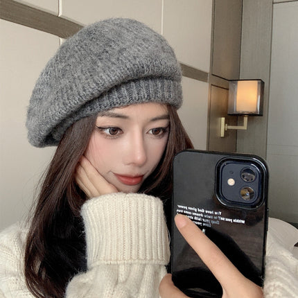 mohair knitted beret children autumn and winter warm big head circumference painter hat solid color wool hat