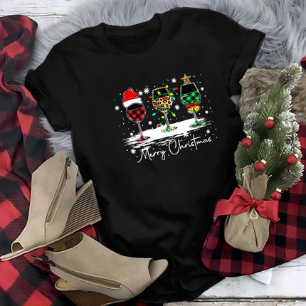 Women Casual Fun Crew Neck Tees Christmas t Shirt Red Wine g