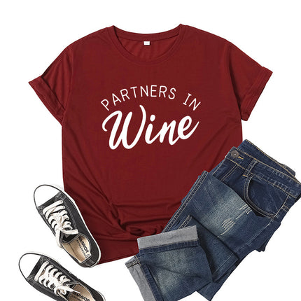Foreign Trade Cross-border PARTNERS IN WINE Printed Short-sleeved Crewneck T-shirt European and American Men's and Women's Top Loose Casual