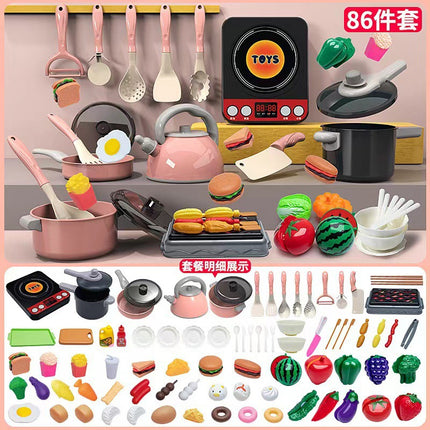 Cross-border simulation kitchenette cooking kitchenware suit fruit cutting music girls play house toys induction cooker cooking