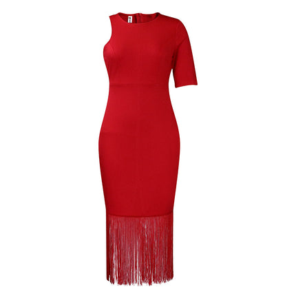 D357 Independent Station European and American Plus Size Women's Clothing 2023 Summer New Pure Color Hip-Covering Tassel Pencil Skirt African Dress