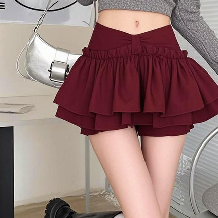 Pure Desire Ballet-Style Red Puffy Skirt for Women, High-Waisted A-Line Tiered Skirt, Anti-Exposure Mini Skirt for Petite Figures