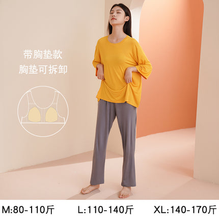 Pajamas for Women Autum Modal with Breast Pads Long-Sleeved Sexy Suit Large Size Loose and Cute Outer Wear Spring and Autum Home Clothes