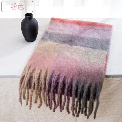 Autumn and winter European and American color matching AC cashmere thick tassel scarf rainbow plaid mohair warm female student plus