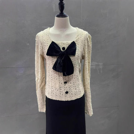 2024 Spring and Summer New Retro Square Collar Brushed Lace Bow Short Slim Slim Long-Sleeved Shirt Top