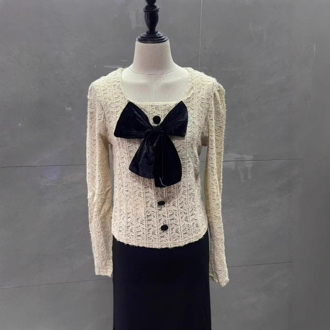 2024 Spring and Summer New Retro Square Collar Brushed Lace Bow Short Slim Slim Long-Sleeved Shirt Top
