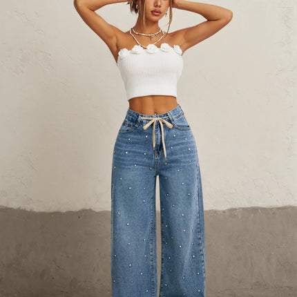 Beaded Jeans for Women Summer New Fashion High-Waisted Loose Slimming Straight Versatile Wide-Leg Floor-Length Pants with Fashionable