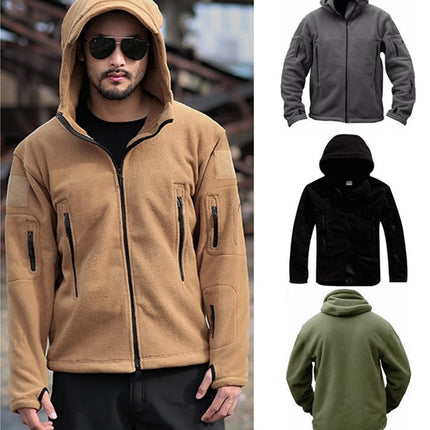 Cross-border Men's Outdoor Warm Inner Pile Fleece Fleece Cold-proof Rushing Clothes Wind Hat Solid Color Hooded Jacket
