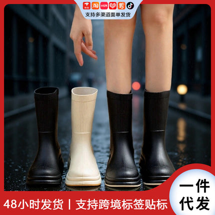 2026 Cross-Border Winter Thick-Soled Cotton-Lined Rain Boots for Women, Fashionable Waterproof Non-Slip Outdoor Mid-Calf Rain Boots for Hiking