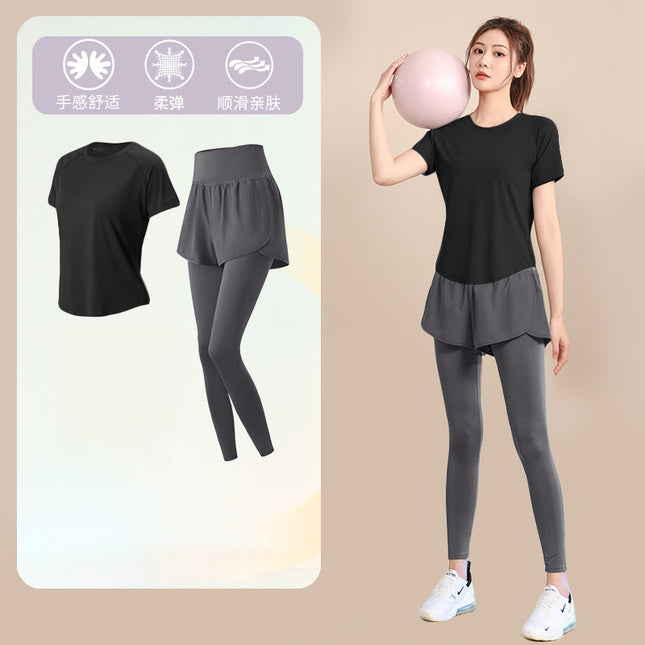Summer Thin Outdoor Sports Suit for Women Fitness Loose Slimming Yoga Wear Short-Sleeved Elastic Quick-Drying Running Suit