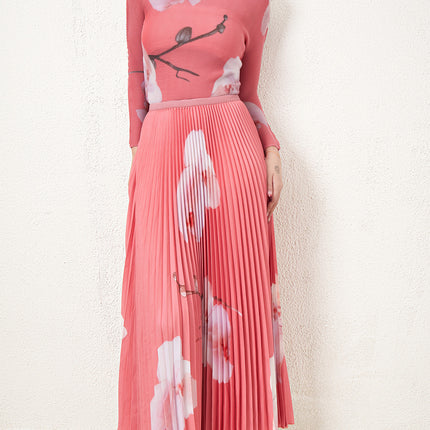 European and American Plus-Size Printed Pleated Top Two-Piece Set, New Fashion Youthful and Age-Reducing Skirt Set