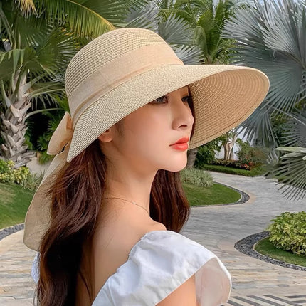 [Great Value] French Style Socialite Flat Top Hat 2025 New Summer Elegant Pearl String Sunshade Woven Straw Hat