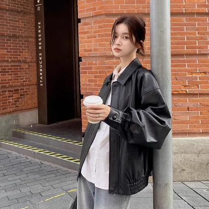 Brown Leather Jacket for Women 2025 Spring & Fall New Style Small Hong Kong Style Retro High-End Jacket Maillard Motorcycle