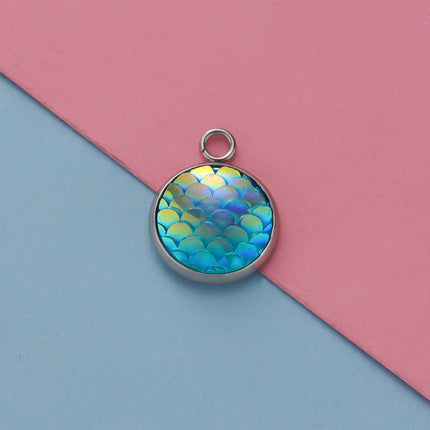 Cross border in stock 12MM mirror titanium steel resin round fish scale jewelry accessories DIY personality fashion geometric pendant