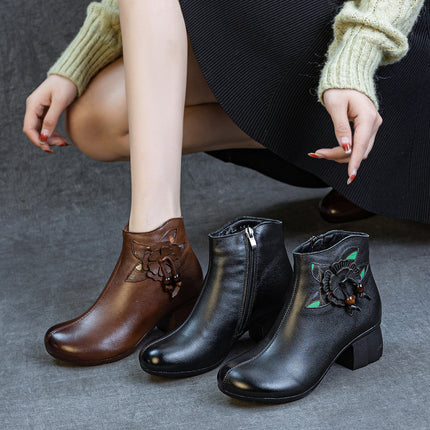 Genuine Leather Boots for Women 2025 Autumn and Winter New Style Thick Heel Soft Sole Fleece-Lined and Cotton Short Boots First Layer Cowhide Flower Women's Boots