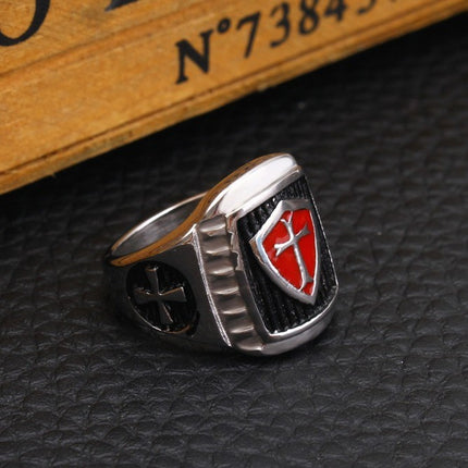 New jewelry European and American fashion retro Crusader oil drop red cross men's personality stainless steel ring