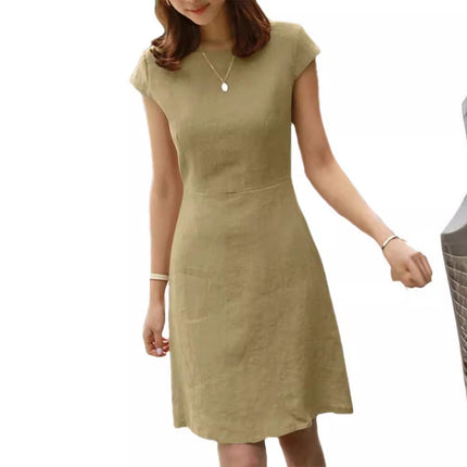 2023 Independent station Amazon new dress back zipper round neck solid color short sleeve cotton linen jumpsuit