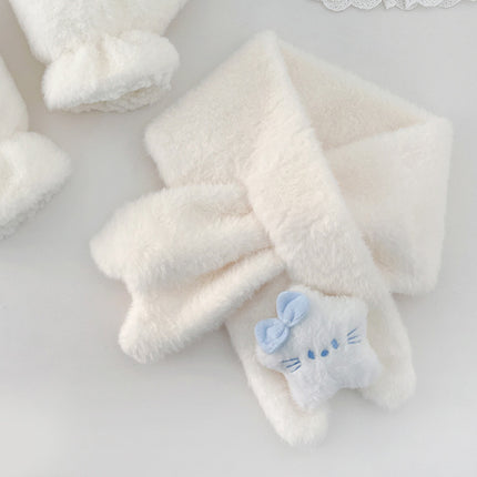Cartoon Sweet Girl Pink Cat Scarf Winter Warm Thickeneded Cute Plush Windproof Student Scarf White