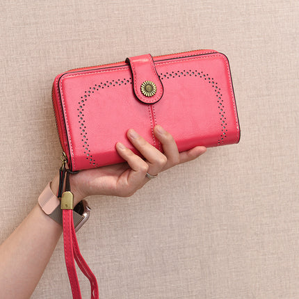 Foreign Trade New Fashion Women's Coin Purse Oil Wax Leather Handbag Long Zipper Mobile Phone Card Holder Short Coin