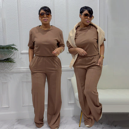 Tw658 Amazon Cross-Mirror European and American Fashion Casual Suit Elegant Commuter Short-Sleeved Top Wide-Leg Two-Piece Set