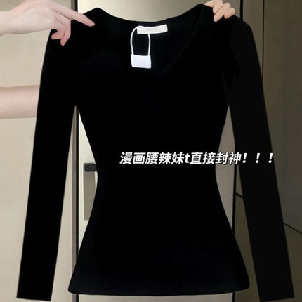 Black Inner Slim-Fitting Bottoming Shirt for Women in Spring and Autum, Long-Sleeved 2025 New V-Neck T-Shirt, Autum and Winter Tops