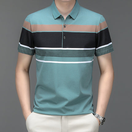 Mingdi Mouse Men's Summer New Pure Cotton Short-sleeved Men's T-shirt Striped Casual Lapel Large Size Men's Polo Shirt