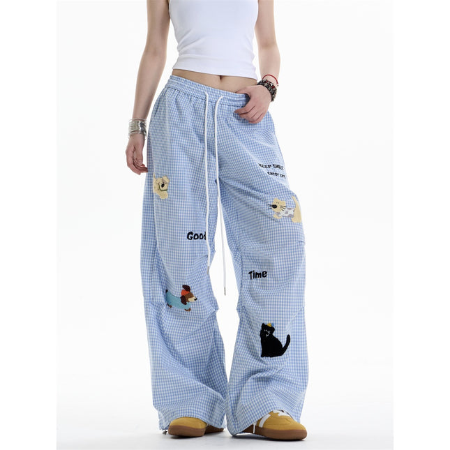Fun Towel Embroidered Puppy Plaid Casual Pants for Women in Autumn, Lazy Style, Loose Slimming Straight Drape Walking Pants